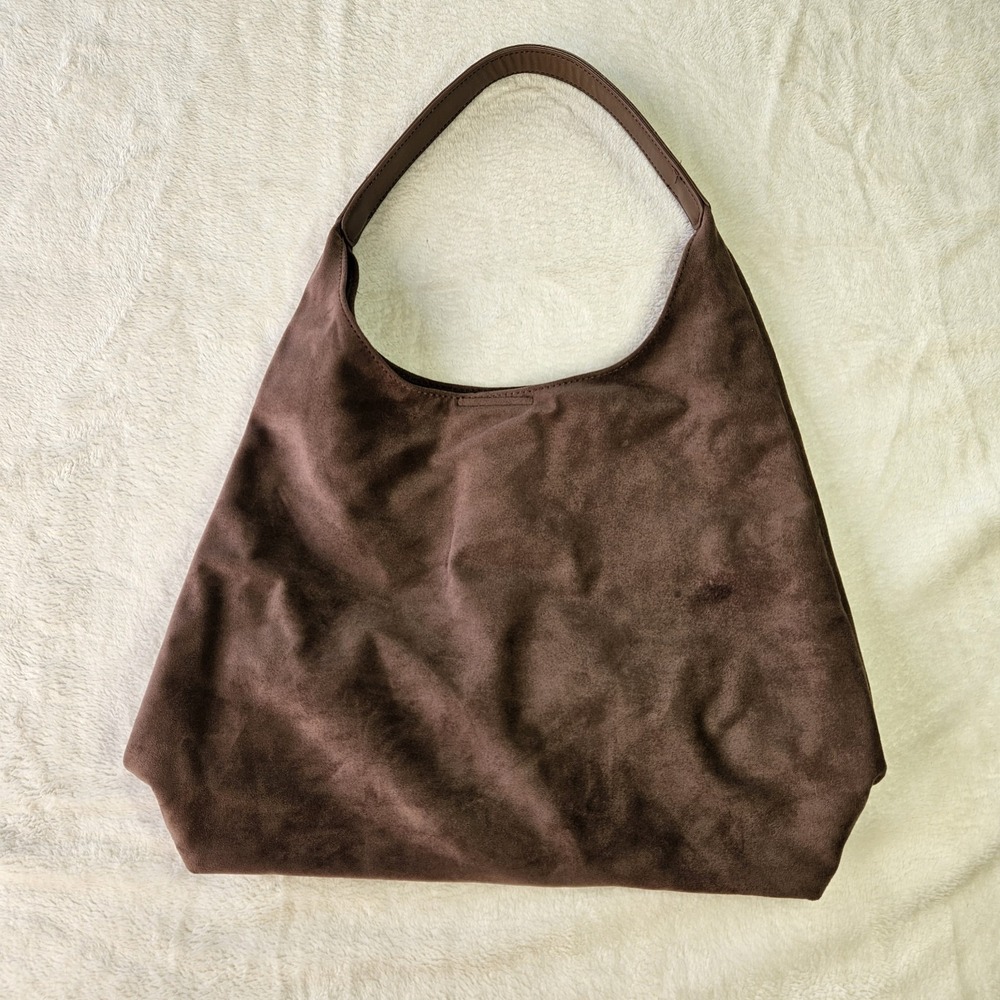 Brown Suede Look Hobo Shoulder Bag Slouchy Minimalist Purse Medium - Picture 2 of 6